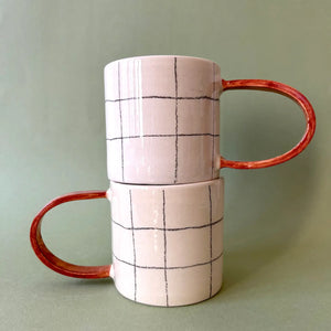 Handmade Checkered Mug / Red Handle