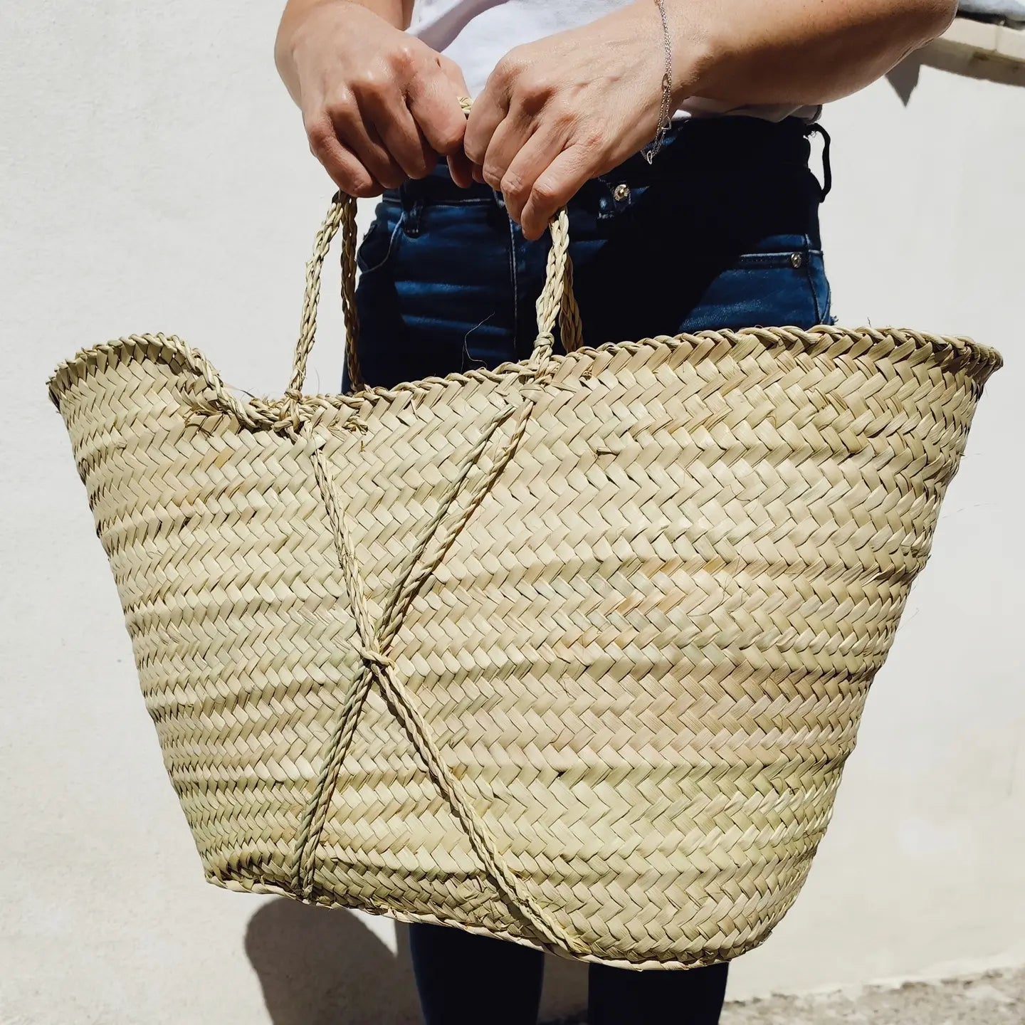 Handwoven Palm Basket with Bulrush Detail | Medium Shopper