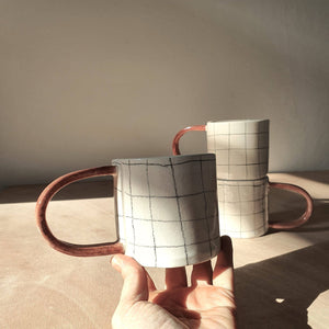 Handmade Checkered Mug / Red Handle