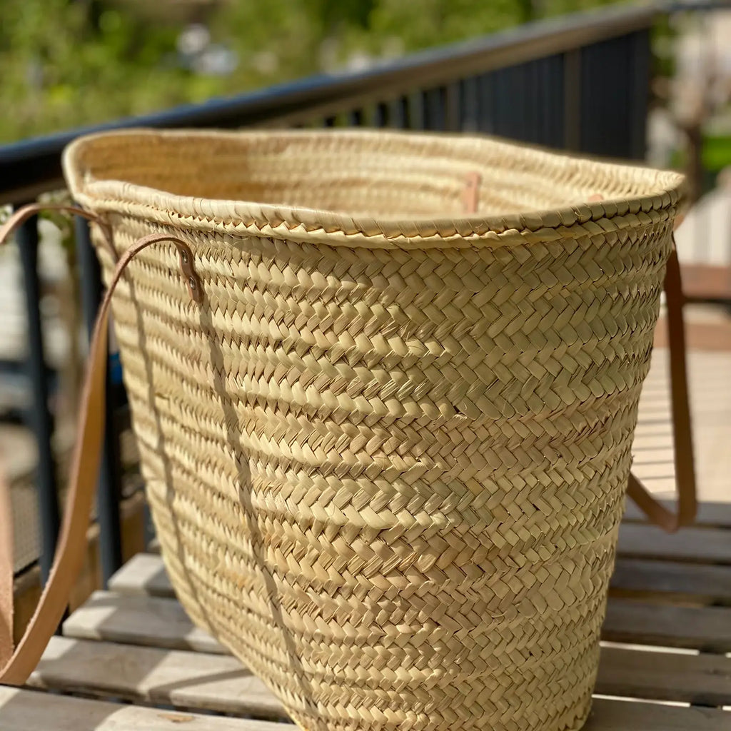 Handwoven Palm Basket with Leather Straps