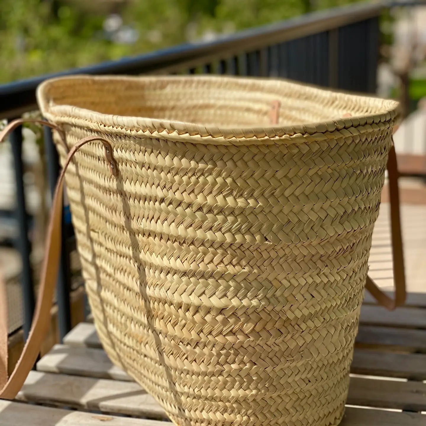 Handwoven Palm Basket with Leather Straps