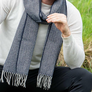 Navy Herringbone Scarf | 100% Merino Lambswool