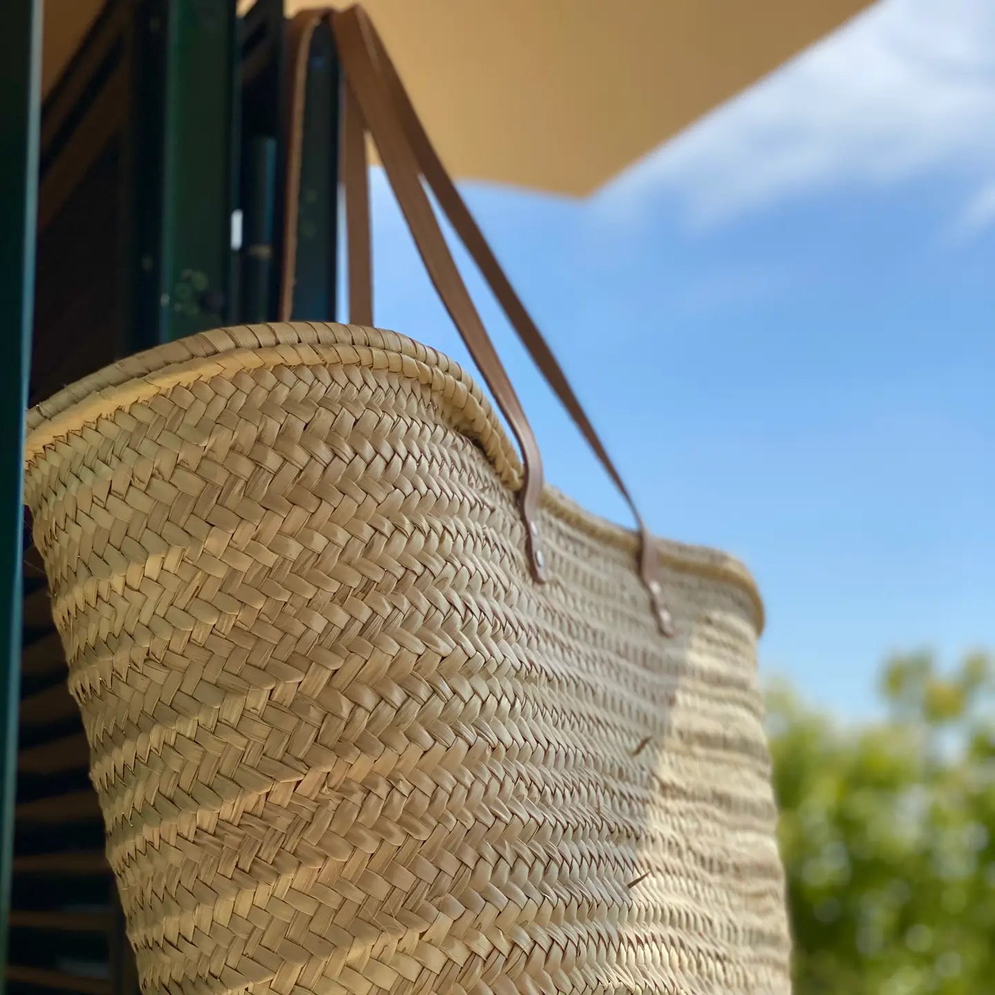 Handwoven Palm Basket with Leather Straps