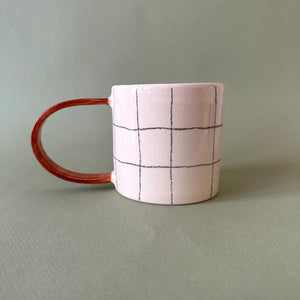 Handmade Checkered Mug / Red Handle